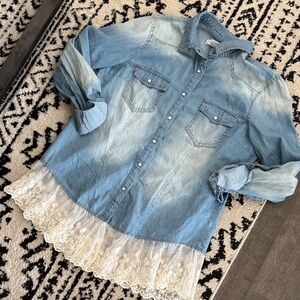 Say What? Light Wash Denim Lace Hem Button-Up Shirt